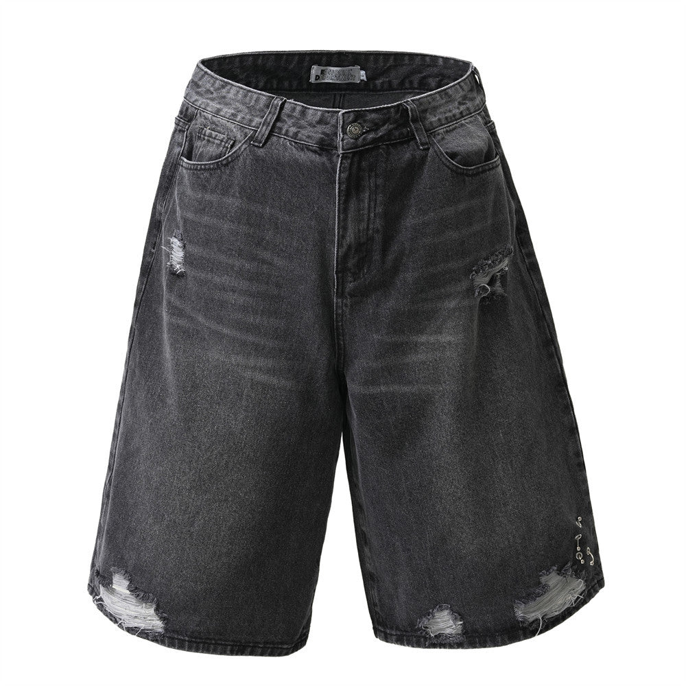 Design Washed Destruction Straight Denim Pants Men's Ripped Metal Decoration Loose Denim Wide Leg Pants Summer