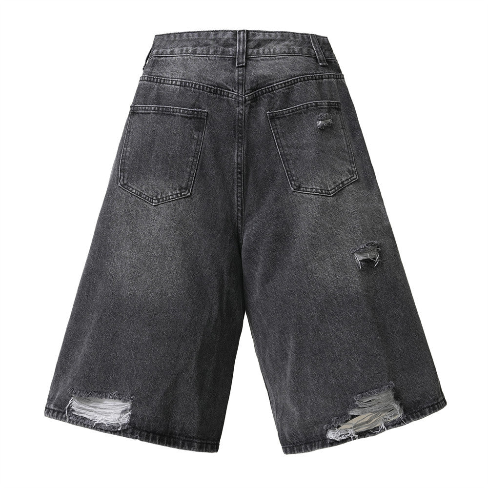 Design Washed Destruction Straight Denim Pants Men's Ripped Metal Decoration Loose Denim Wide Leg Pants Summer