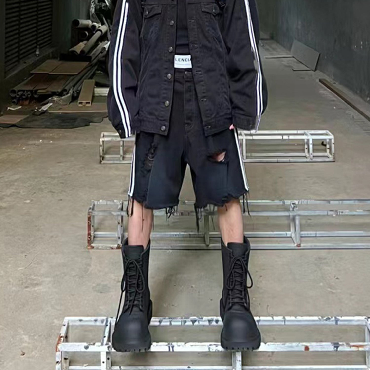 Men's Clothing Women's Spring And Summer Hip Hop High Street Cat Whiskers Men's And Women's Baxi Water Beggars Tassel Three Bar Denim Shorts