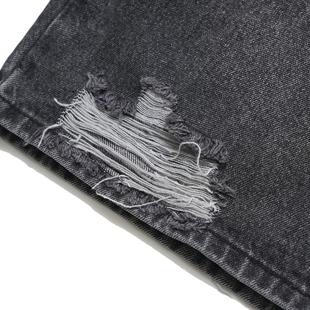 Design Washed Destruction Straight Denim Pants Men's Ripped Metal Decoration Loose Denim Wide Leg Pants Summer