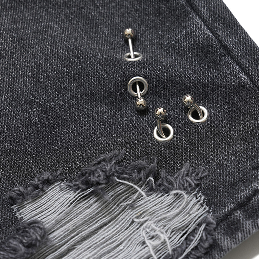Design Washed Destruction Straight Denim Pants Men's Ripped Metal Decoration Loose Denim Wide Leg Pants Summer