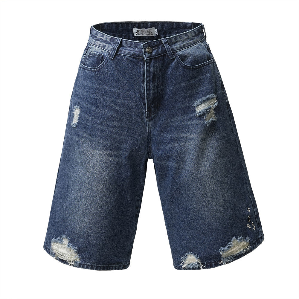 Design Washed Destruction Straight Denim Pants Men's Ripped Metal Decoration Loose Denim Wide Leg Pants Summer