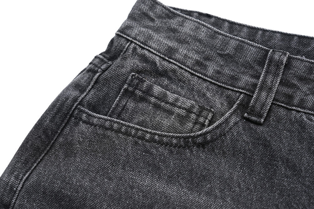 Design Washed Destruction Straight Denim Pants Men's Ripped Metal Decoration Loose Denim Wide Leg Pants Summer