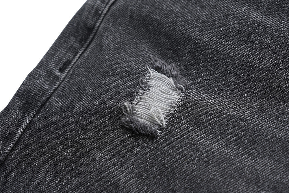Design Washed Destruction Straight Denim Pants Men's Ripped Metal Decoration Loose Denim Wide Leg Pants Summer