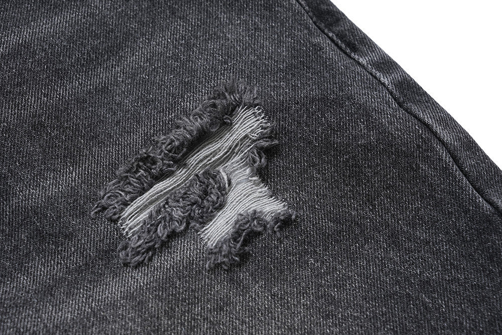 Design Washed Destruction Straight Denim Pants Men's Ripped Metal Decoration Loose Denim Wide Leg Pants Summer