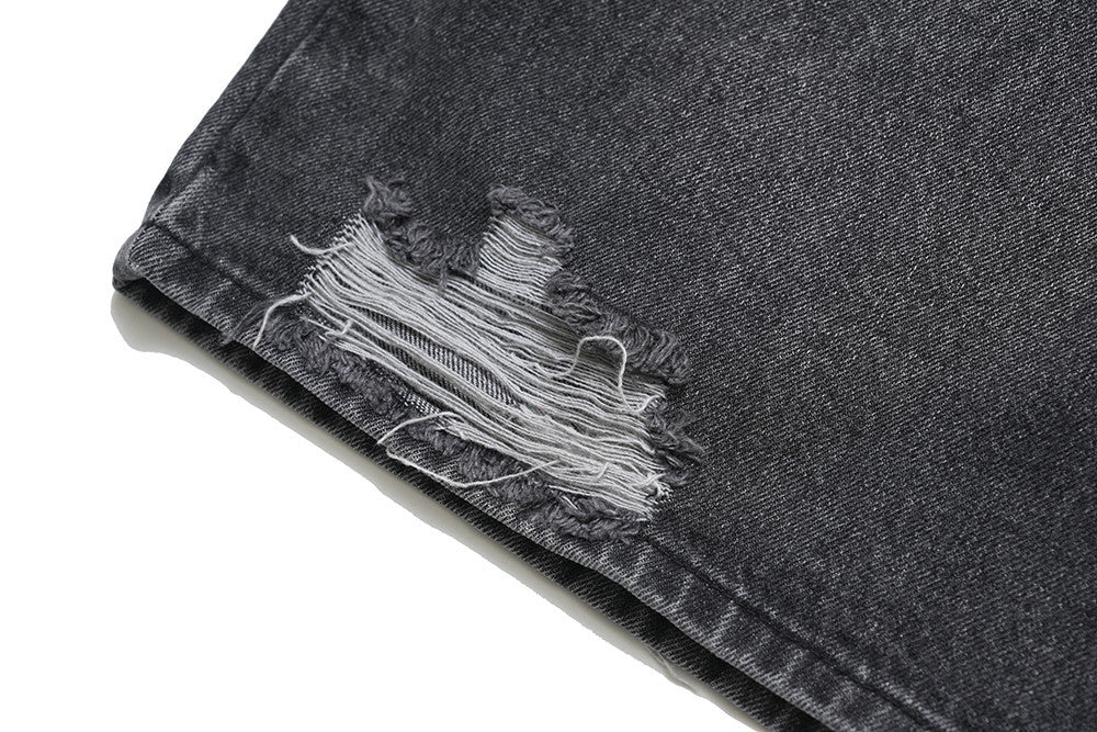 Design Washed Destruction Straight Denim Pants Men's Ripped Metal Decoration Loose Denim Wide Leg Pants Summer