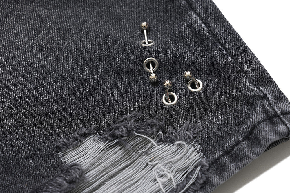 Design Washed Destruction Straight Denim Pants Men's Ripped Metal Decoration Loose Denim Wide Leg Pants Summer
