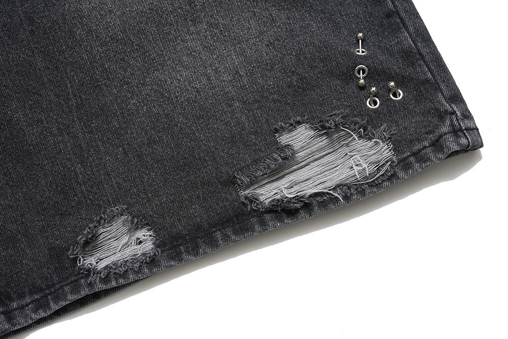 Design Washed Destruction Straight Denim Pants Men's Ripped Metal Decoration Loose Denim Wide Leg Pants Summer