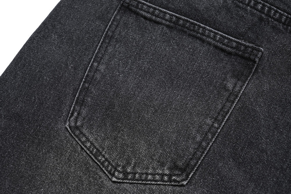Design Washed Destruction Straight Denim Pants Men's Ripped Metal Decoration Loose Denim Wide Leg Pants Summer