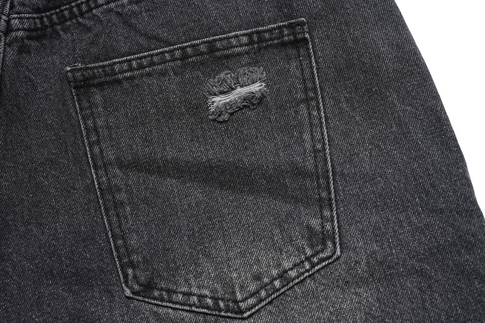 Design Washed Destruction Straight Denim Pants Men's Ripped Metal Decoration Loose Denim Wide Leg Pants Summer