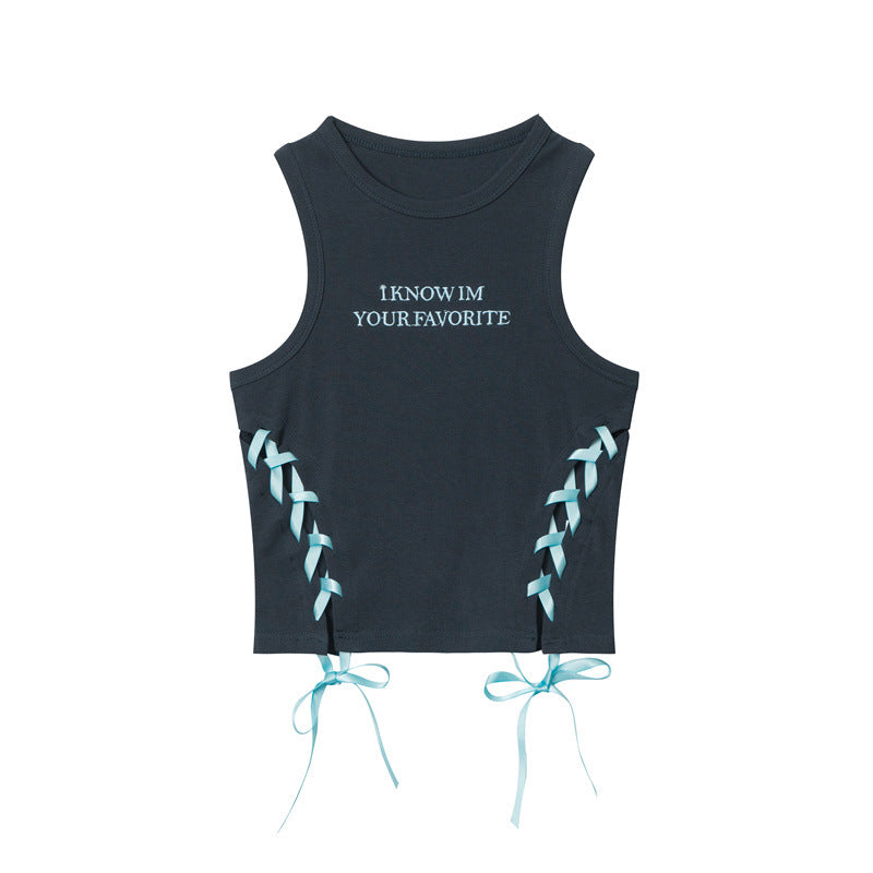 Hot Girl Color Double-Sided Ribbon Drawstring Letter Embroidery Design Sense Niche Short Vest Women Ins