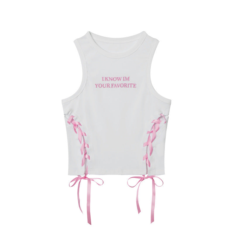 Hot Girl Color Double-Sided Ribbon Drawstring Letter Embroidery Design Sense Niche Short Vest Women Ins