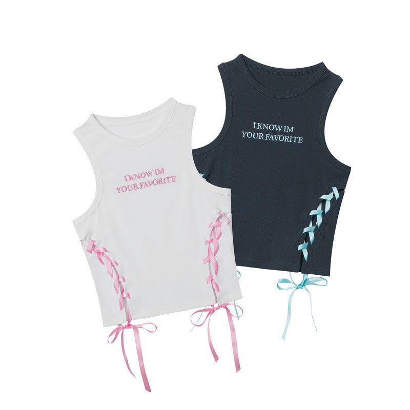 Hot Girl Color Double-Sided Ribbon Drawstring Letter Embroidery Design Sense Niche Short Vest Women Ins
