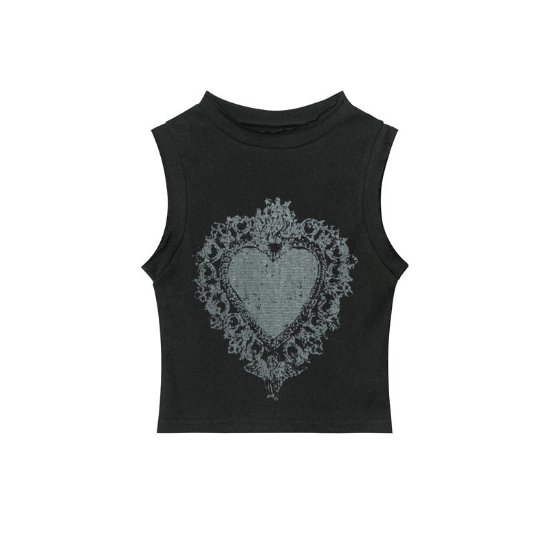 Vintage Distressed Design Love Print American Style Vest Women's Summer Fashion Brand Hip Hop Short Top