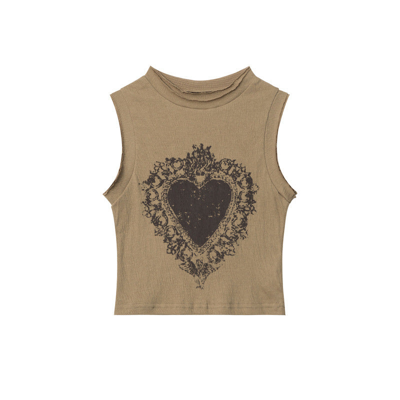 Vintage Distressed Design Love Print American Style Vest Women's Summer Fashion Brand Hip Hop Short Top