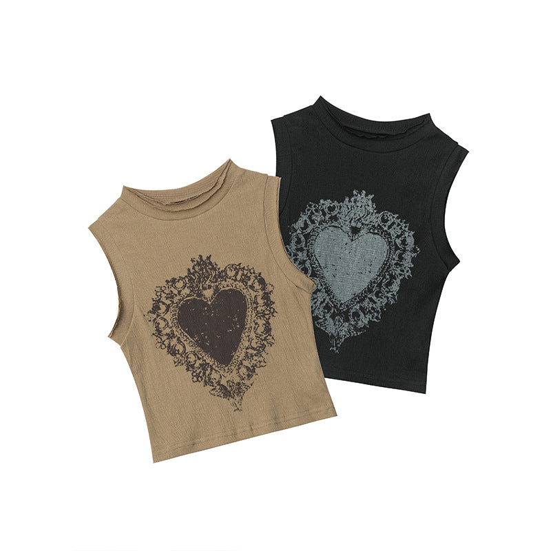 Vintage Distressed Design Love Print American Style Vest Women's Summer Fashion Brand Hip Hop Short Top
