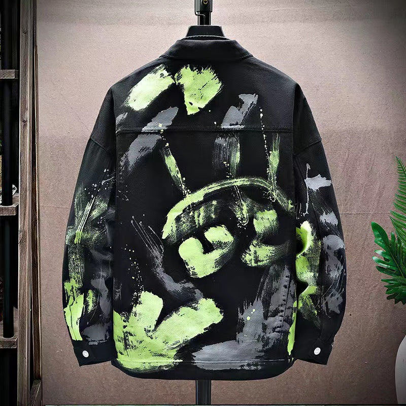 Autumn And Winter Graffiti Denim Jacket Men's Trendy Brand Loose All-match Fried Street Jacket Korean-style Trendy Puppy Handsome Splash Ink Top