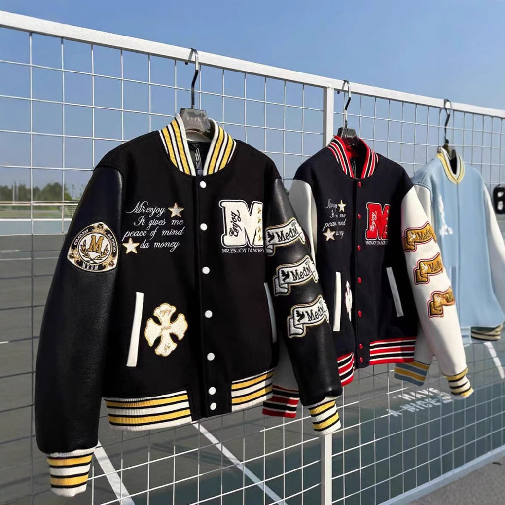 European And American Baseball Suit American Sweatshirt Woolen Leather Embroidered Casual Jacket Men's And Women's Biker Suit Fashionable And Handsome Jacket