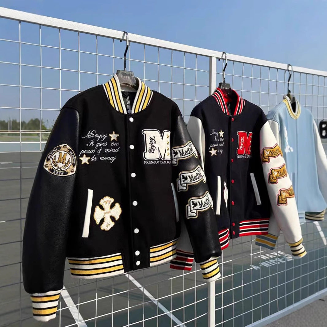 European And American Baseball Suit American Sweatshirt Woolen Leather Embroidered Casual Jacket Men's And Women's Biker Suit Fashionable And Handsome Jacket