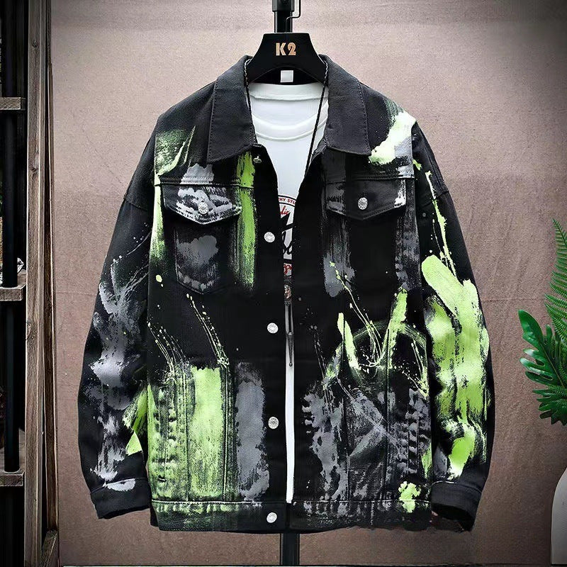 Autumn And Winter Graffiti Denim Jacket Men's Trendy Brand Loose All-match Fried Street Jacket Korean-style Trendy Puppy Handsome Splash Ink Top