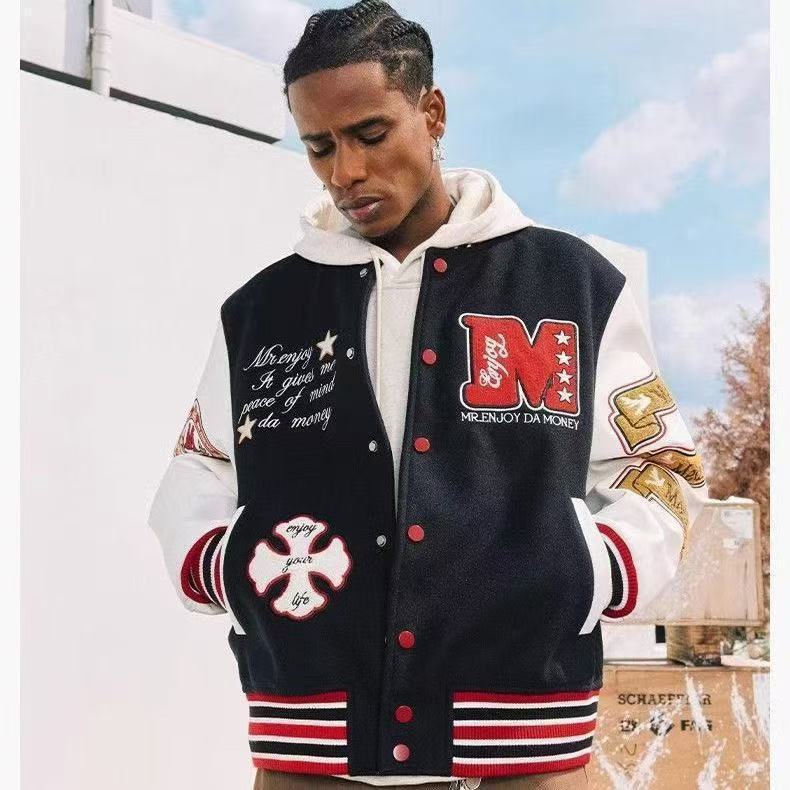 European And American Baseball Suit American Sweatshirt Woolen Leather Embroidered Casual Jacket Men's And Women's Biker Suit Fashionable And Handsome Jacket