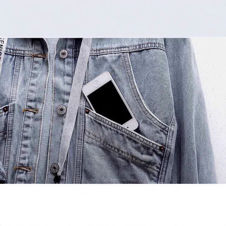 2025 Spring And Autumn Korean Style Loose Short Denim Jacket Women's Bf Style Commuter Long Sleeve Hooded Jacket Multi-Pocket Top