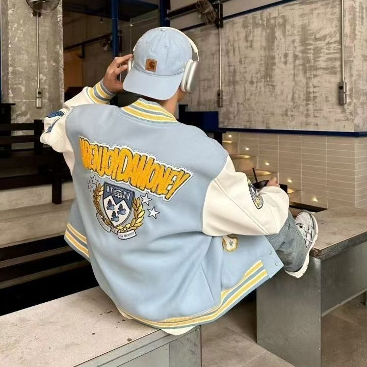 European And American Baseball Suit American Sweatshirt Woolen Leather Embroidered Casual Jacket Men's And Women's Biker Suit Fashionable And Handsome Jacket
