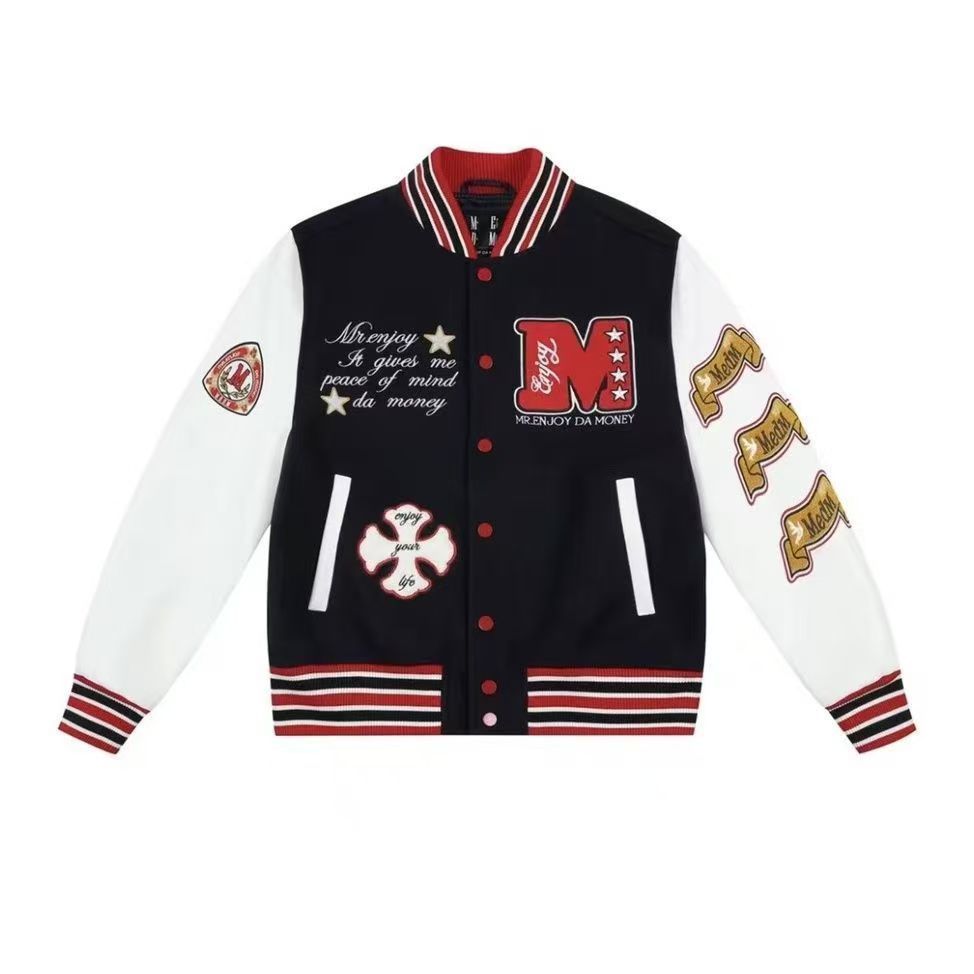 European And American Baseball Suit American Sweatshirt Woolen Leather Embroidered Casual Jacket Men's And Women's Biker Suit Fashionable And Handsome Jacket