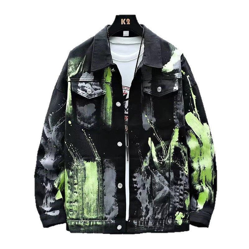 Autumn And Winter Graffiti Denim Jacket Men's Trendy Brand Loose All-match Fried Street Jacket Korean-style Trendy Puppy Handsome Splash Ink Top