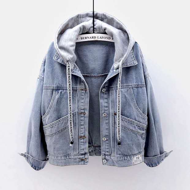 2025 Spring And Autumn Korean Style Loose Short Denim Jacket Women's Bf Style Commuter Long Sleeve Hooded Jacket Multi-Pocket Top