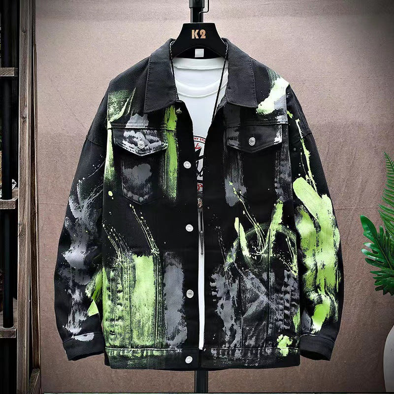 Autumn And Winter Graffiti Denim Jacket Men's Trendy Brand Loose All-match Fried Street Jacket Korean-style Trendy Puppy Handsome Splash Ink Top