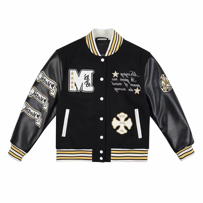European And American Baseball Suit American Sweatshirt Woolen Leather Embroidered Casual Jacket Men's And Women's Biker Suit Fashionable And Handsome Jacket