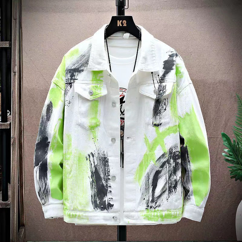 Autumn And Winter Graffiti Denim Jacket Men's Trendy Brand Loose All-match Fried Street Jacket Korean-style Trendy Puppy Handsome Splash Ink Top