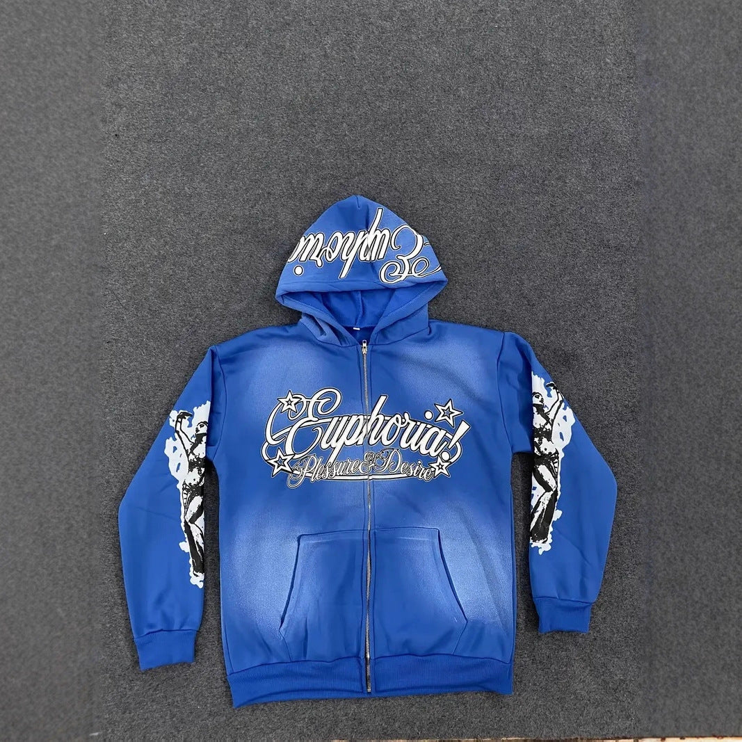 Street Style Hooded Zip Sweater Letter Print Trendy Cardigan Top Unisex