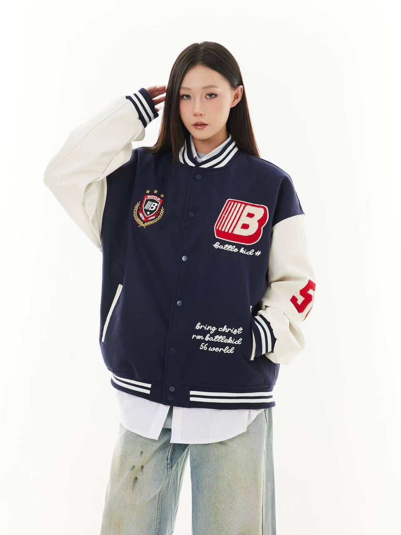 American Style Rework Badge Stitching Contrast Color Baseball Suit Jacket For Men And Women Autumn And Winter Trendy Brand Heavy Couple Loose Jacket