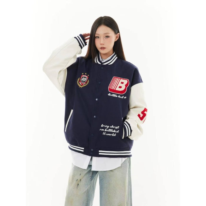 American Style Rework Badge Stitching Contrast Color Baseball Suit Jacket For Men And Women Autumn And Winter Trendy Brand Heavy Couple Loose Jacket