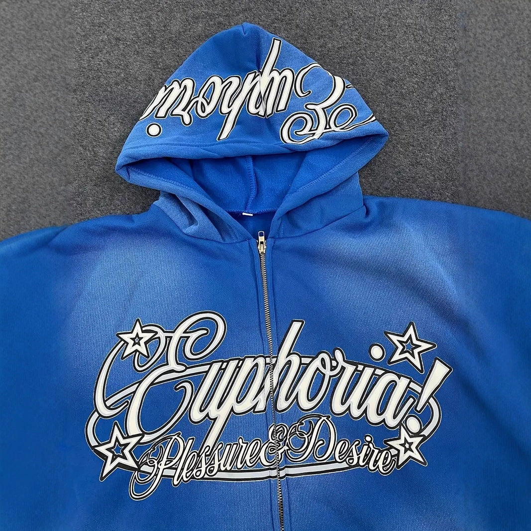 Street Style Hooded Zip Sweater Letter Print Trendy Cardigan Top Unisex