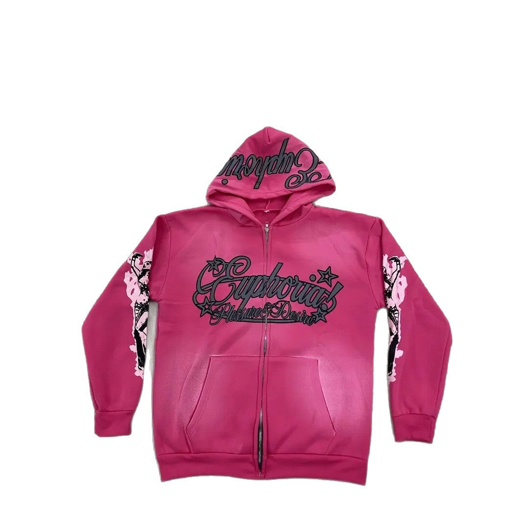 Street Style Hooded Zip Sweater Letter Print Trendy Cardigan Top Unisex