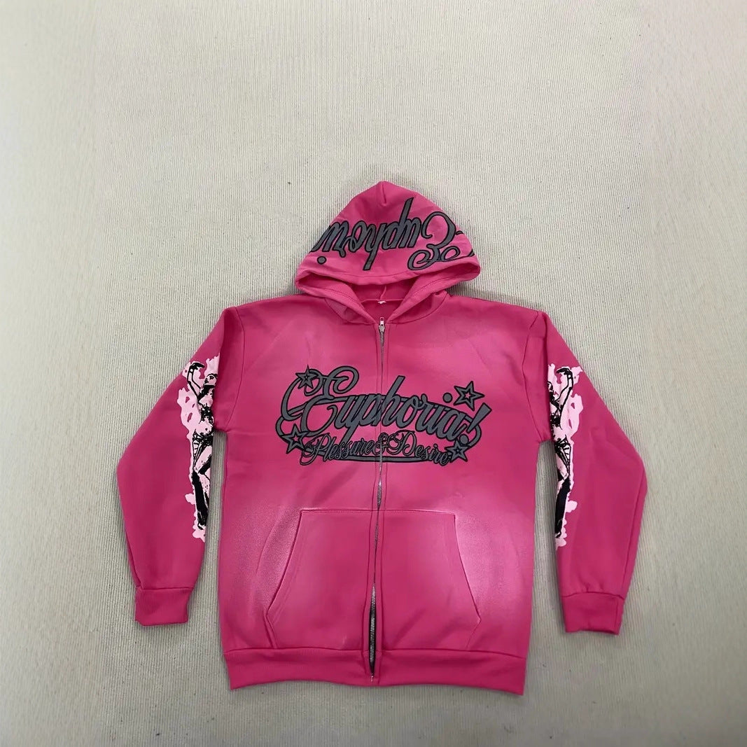 Street Style Hooded Zip Sweater Letter Print Trendy Cardigan Top Unisex