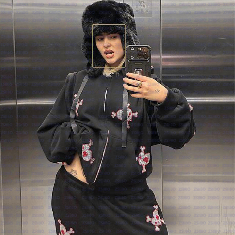 Trendy Fashion Economical Hip-Hop Full Zip Hoodie Skull Rhinestone Loose Sweater