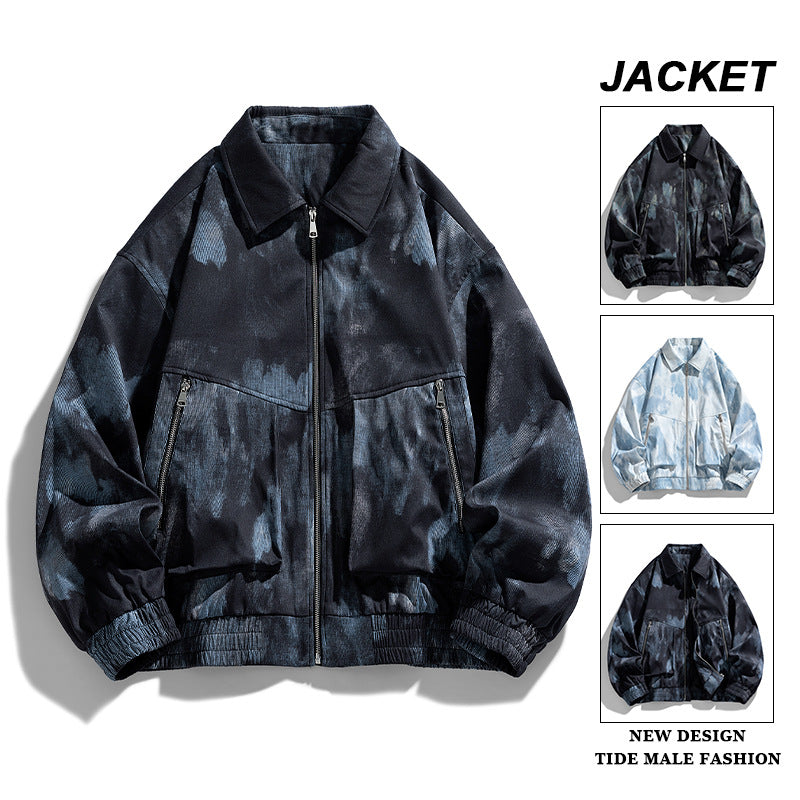 New Jacket Men's Lapel Ink All-match Tie-dye Distinctive Printed Public Version Two-cut Loose Trendy Jacket