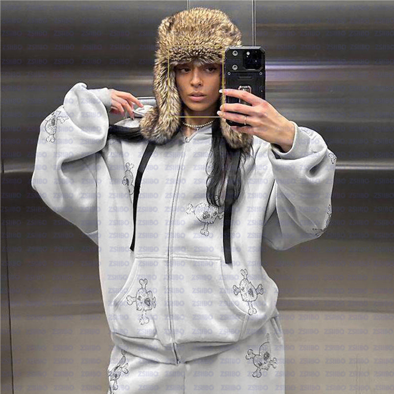 Trendy Fashion Economical Hip-Hop Full Zip Hoodie Skull Rhinestone Loose Sweater