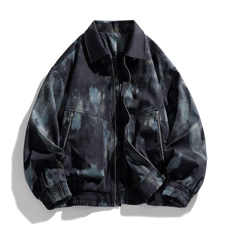 New Jacket Men's Lapel Ink All-match Tie-dye Distinctive Printed Public Version Two-cut Loose Trendy Jacket