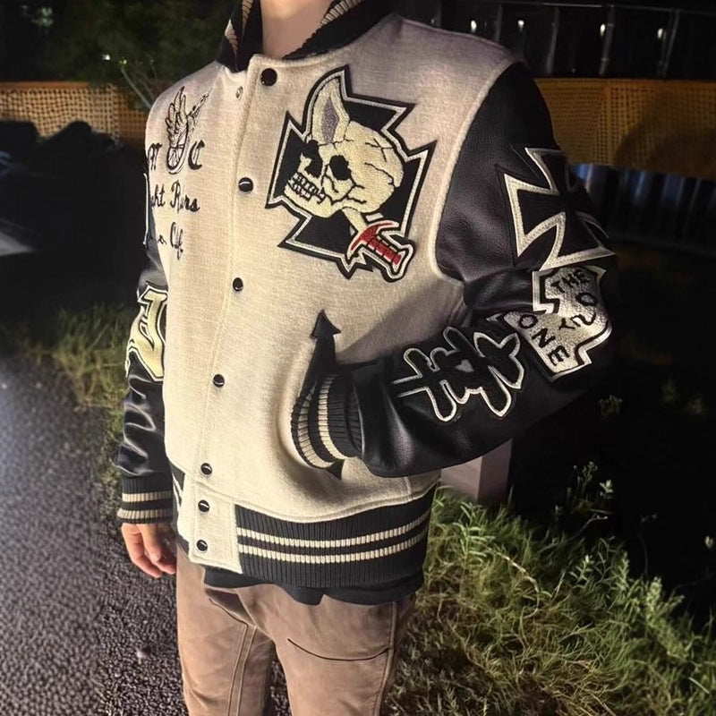 American Cross-Border Skull Rider Baseball Suit Cleanf Style Slim-Fit Collar Leather Short Coat Jacket Coat