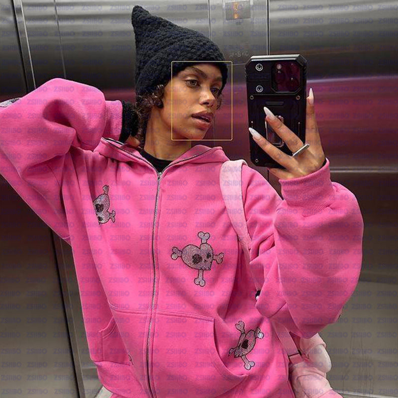 Trendy Fashion Economical Hip-Hop Full Zip Hoodie Skull Rhinestone Loose Sweater