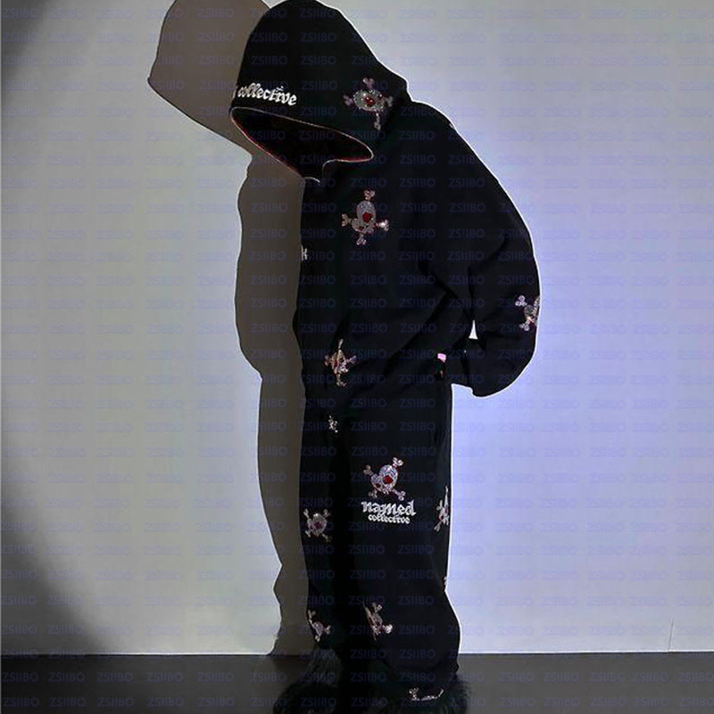 Trendy Fashion Economical Hip-Hop Full Zip Hoodie Skull Rhinestone Loose Sweater