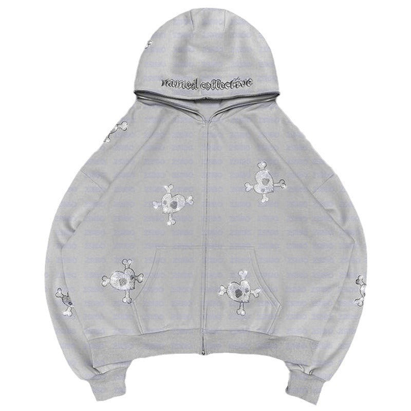 Trendy Fashion Economical Hip-Hop Full Zip Hoodie Skull Rhinestone Loose Sweater