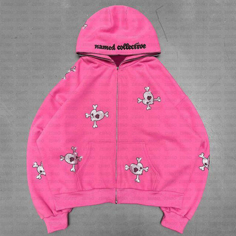 Trendy Fashion Economical Hip-Hop Full Zip Hoodie Skull Rhinestone Loose Sweater