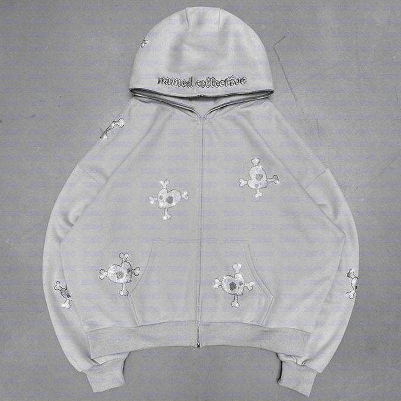 Trendy Fashion Economical Hip-Hop Full Zip Hoodie Skull Rhinestone Loose Sweater