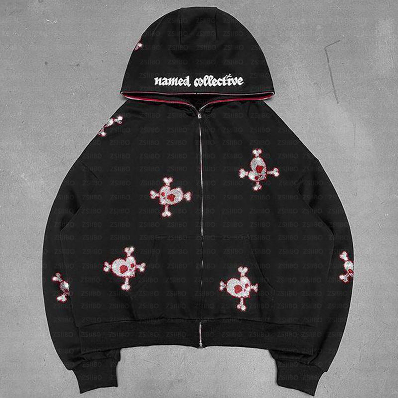 Trendy Fashion Economical Hip-Hop Full Zip Hoodie Skull Rhinestone Loose Sweater